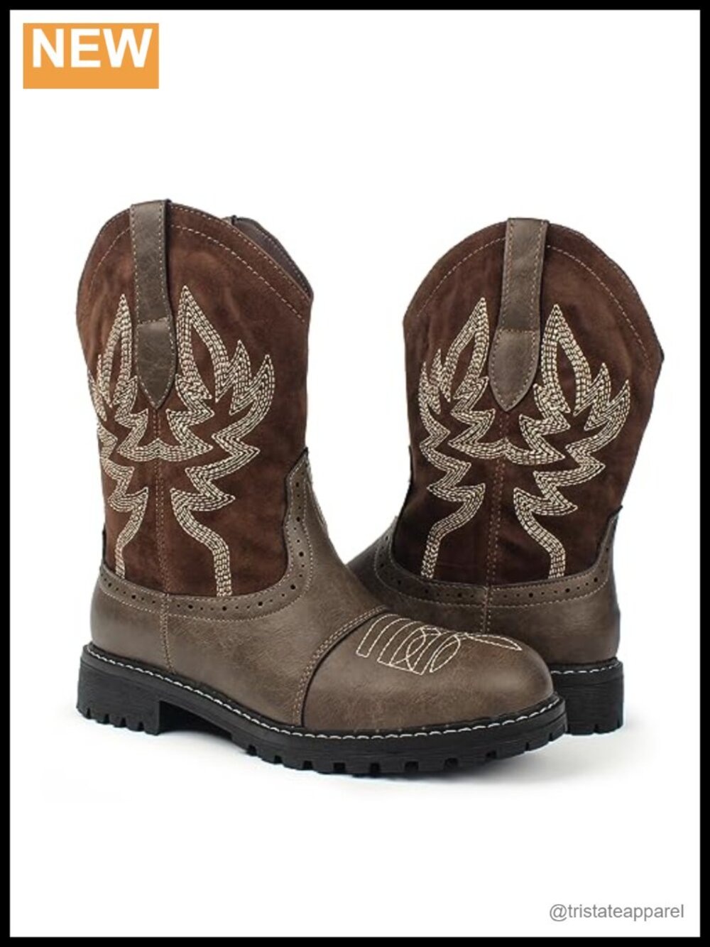 Women's Mid Calf Western Cowboy Boots Round Toe Embroidered Vegan Suede